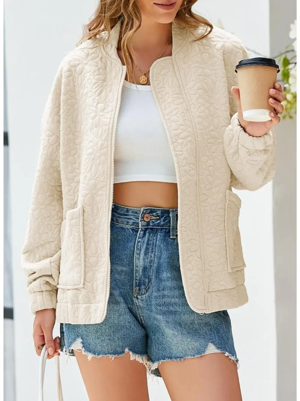 Women's Apricot Lightweight Stand Collar Long Sleeve Outerwear Bomber Jacket